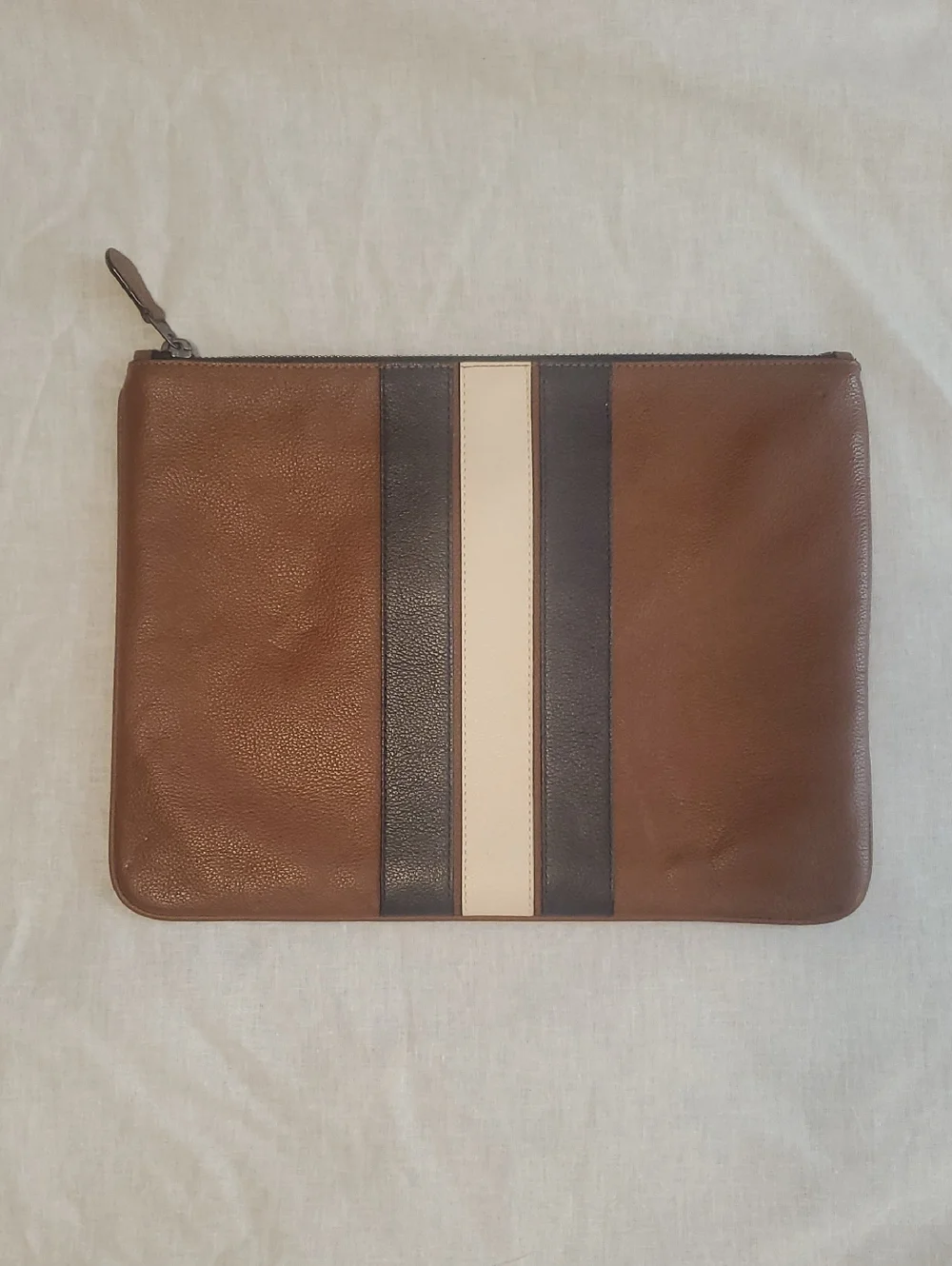 Coach Brown Leather Laptop Pouch with Navy and Cream Stripes